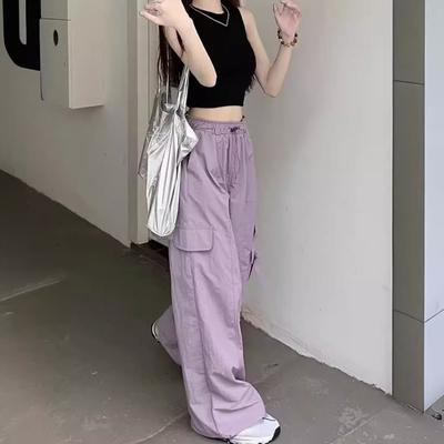 Pants Elastic High Waist Adjustable Drawstring Long Trousers Solid Color Wide Leg Multi Pockets
