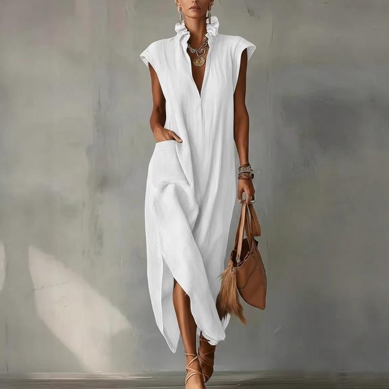 Abbigliamento Donna Estate Stile Europeo Abito Lungo Cotone Senza Maniche Monocolore Vestibilità Larga Scollo a V Casual