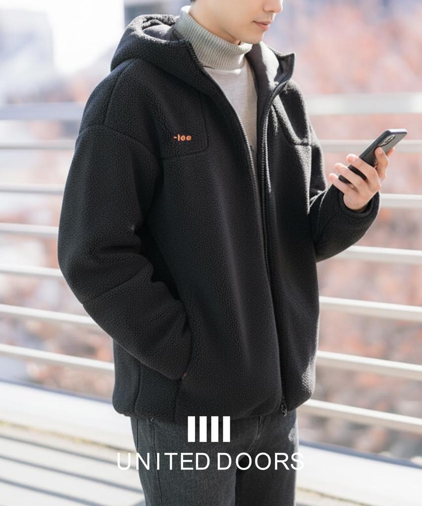 United Doors Men's Embroidered Boa Blouson Jacket, Warm and Cold-Wearing, Hooded, Stylish Winter Wear, Black, 5A-D08-BKM