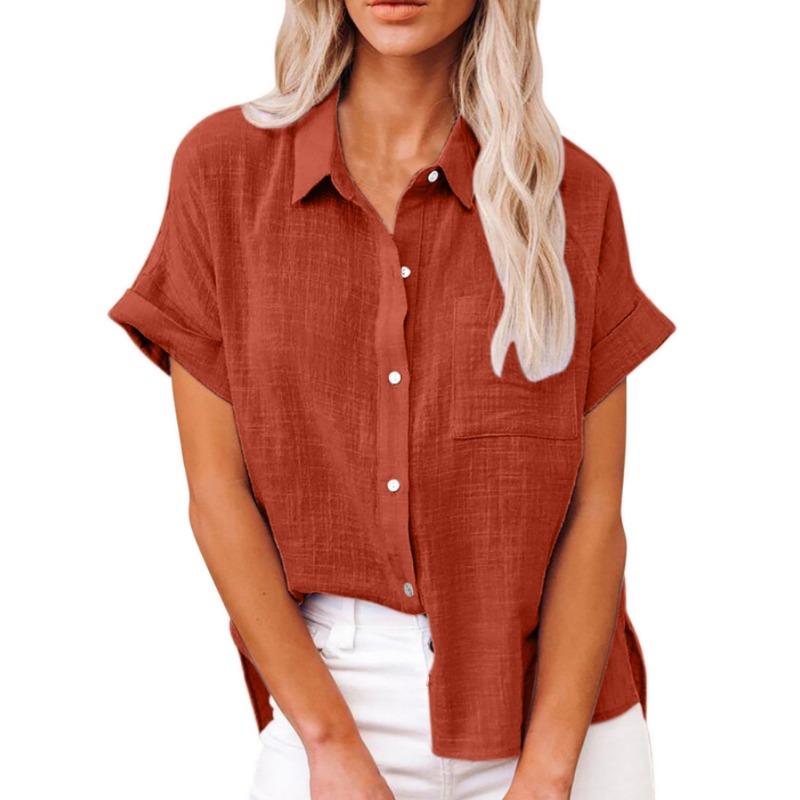 Summer New Women's Solid Color Linen Shirt Short Sleeved Casual Loose Shirt