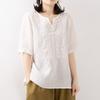 Reine Baumwolle V-Ausschnitt Sommer Baumwolle Leinen Shirt Damen Künstlerisch Locker sitzender Pullover Besticktes Kurzarm T-Shirt Damen Besticktes Top Trendy
