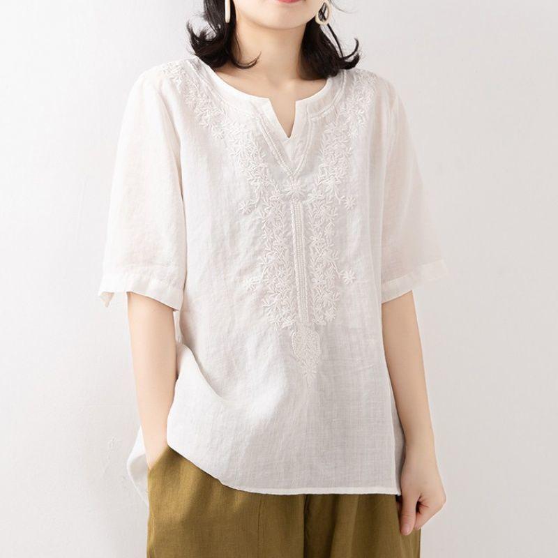 Reine Baumwolle V-Ausschnitt Sommer Baumwolle Leinen Shirt Damen Künstlerisch Locker sitzender Pullover Besticktes Kurzarm T-Shirt Damen Besticktes Top Trendy