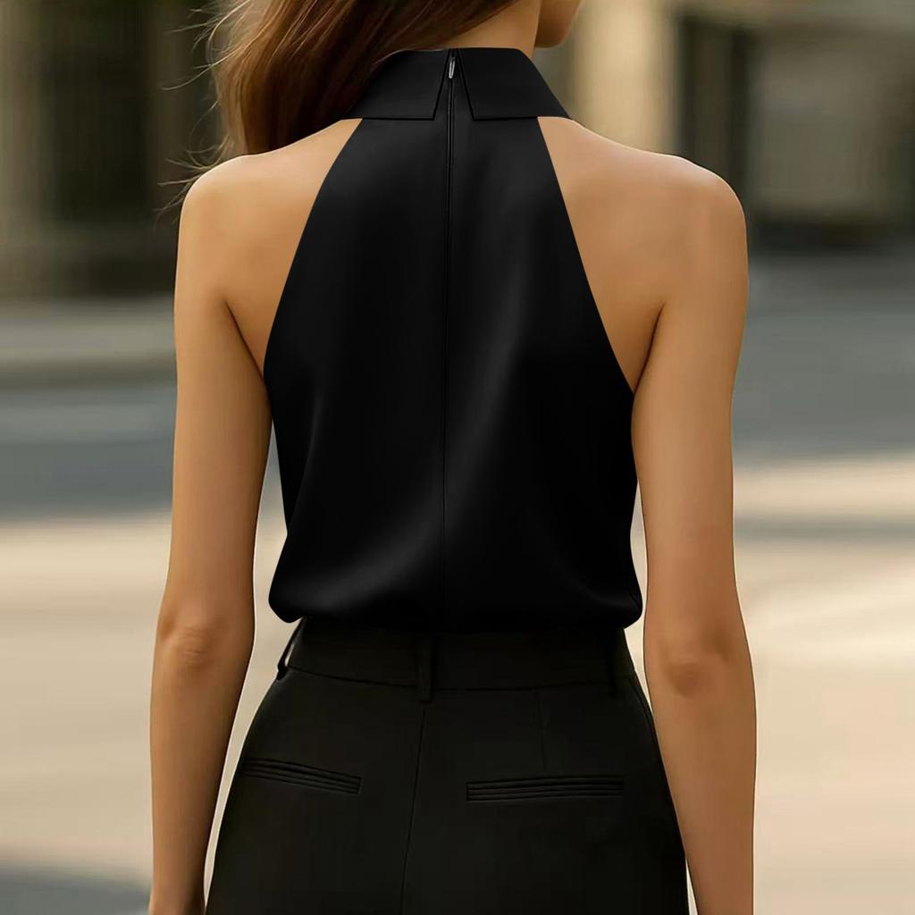 Mode Femme Couleur Unie Sans Manches Col Cravate Chemise Débardeur