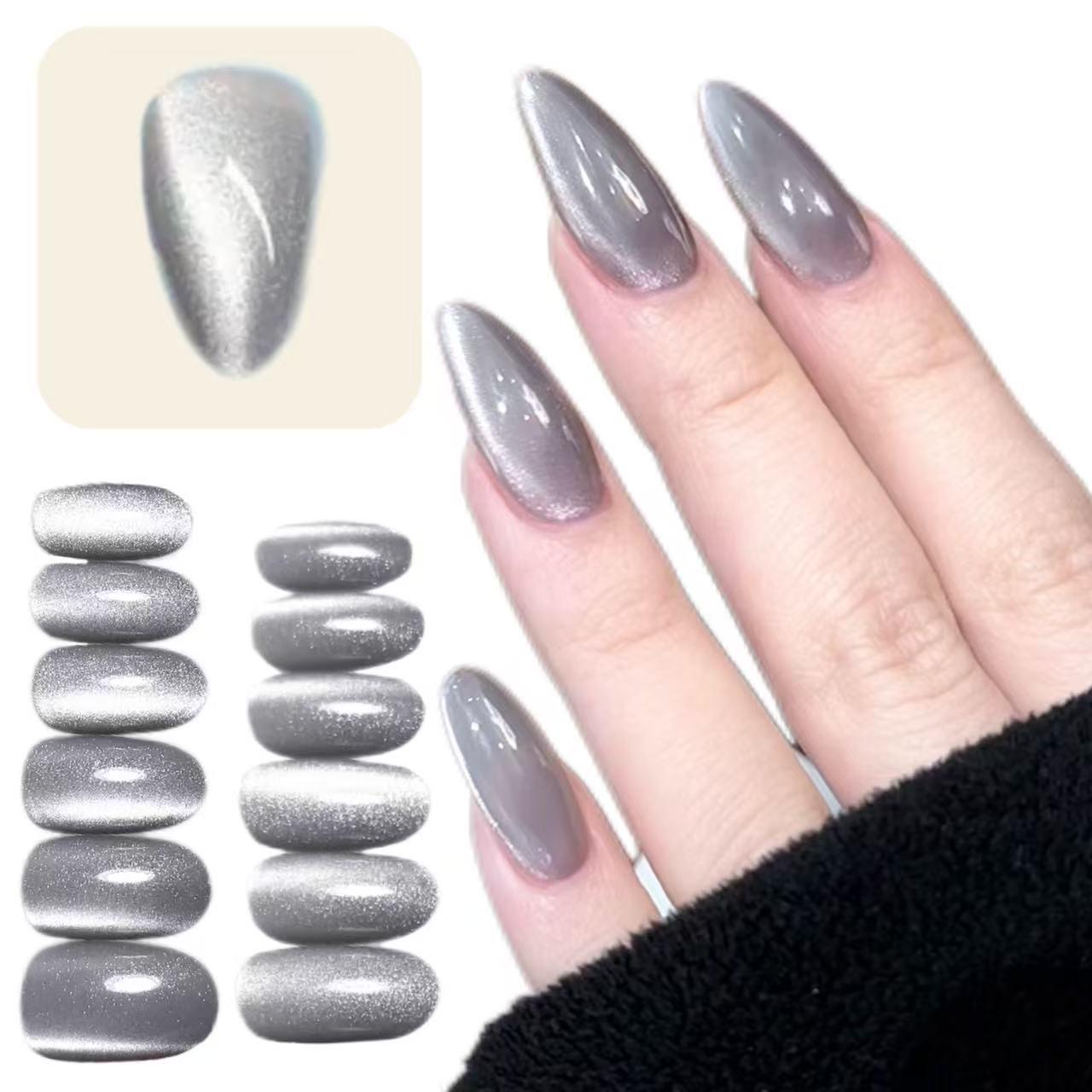 24pc Autumn/Winter Grey Cat Eye Almond Press-On Nail Stickers