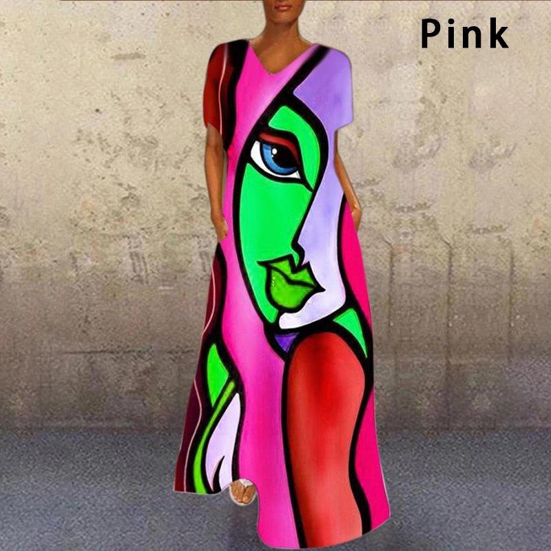 Women Summer V-neck Abstract Printed Short Sleeve Retro Long Dress Ladies Loose Casual Maxi Dresses Plus Size