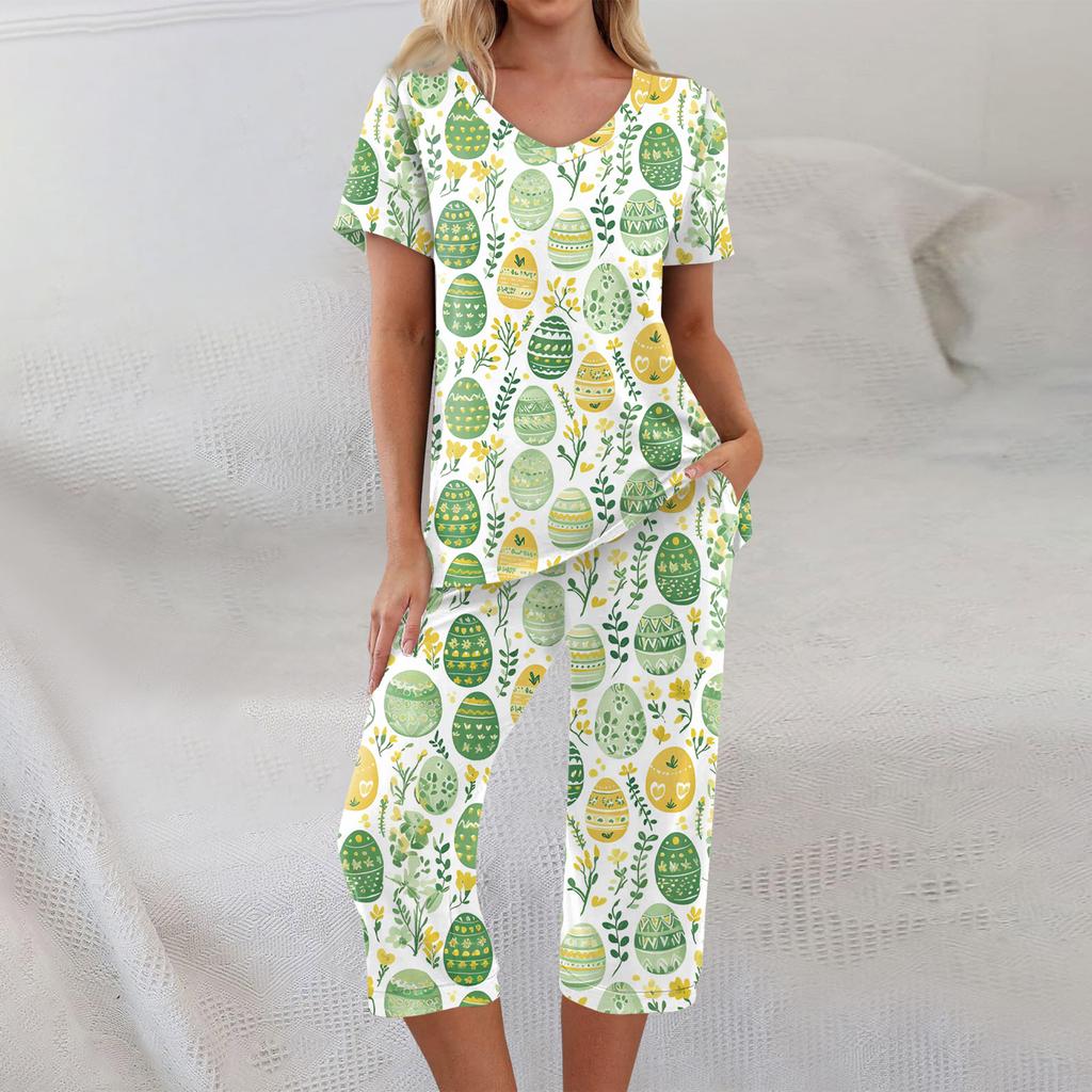 2 Piece Sets For Women Short Sleeve Top And Pants With Pockets Workout Soft Print Sets