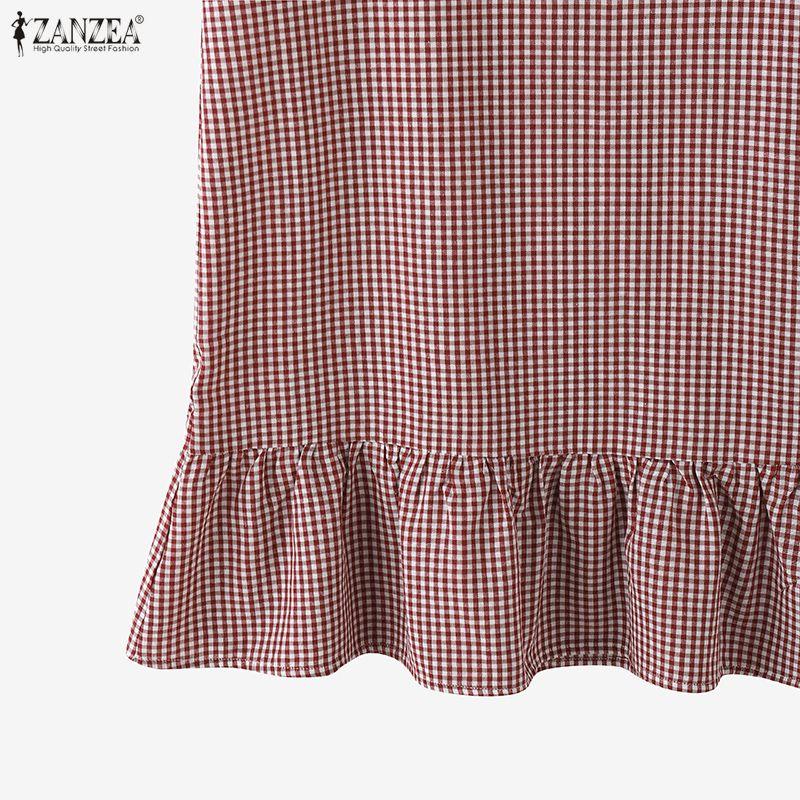 ZANZEA Women Casual Square Collar Short Sleeve Grid Print Dress