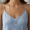 Women's Double Layer Necklace Long Chain Stainless Steel Hollow Teardrop Pendant Silver Color Layered Jewelry