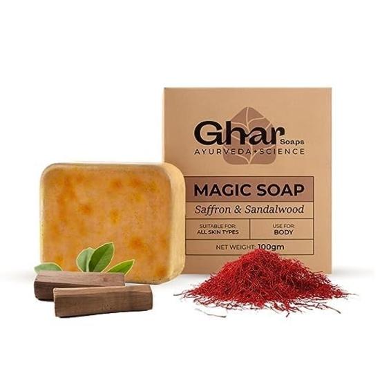 GHAR SOAPS Magic Soap Sandal Wood And Saffron Bath Soap For Glowing Brightening And Refreshing Skin Natural  and Grime (Pack of 12 (100 Gm)