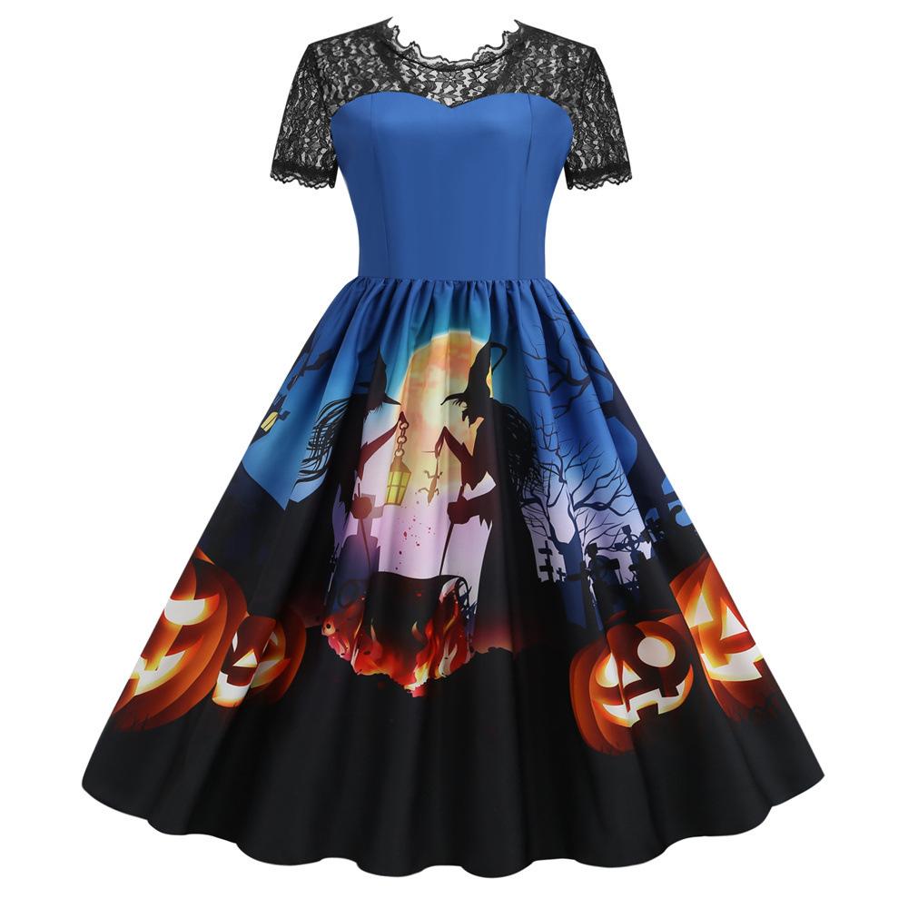Women Halloween Lace Patchwork Printed Slim Fit Short Sleeve Big Swing Dress
