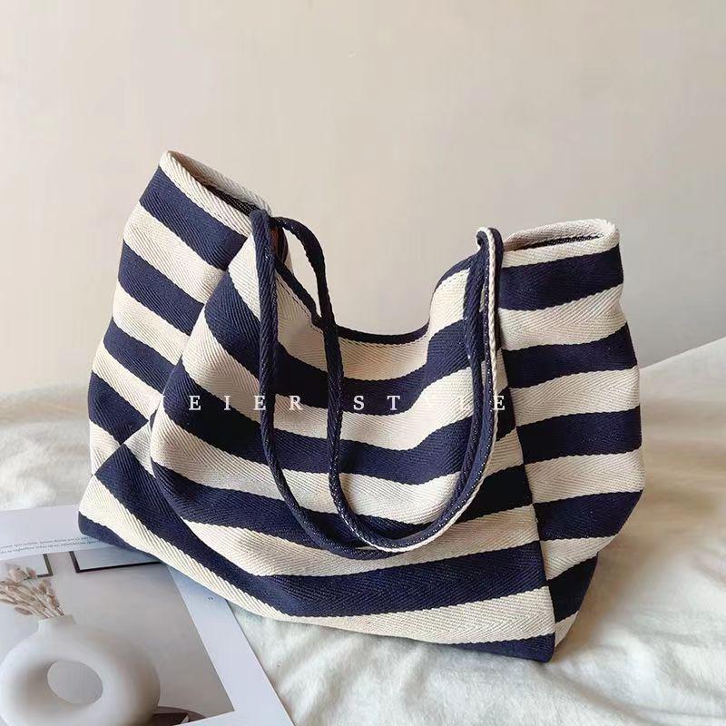 Sac Cabas en Toile Korean Artistic Color Block – Grande Capacité, Épaule Unique, Style Décontracté