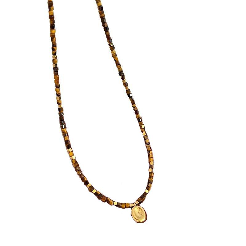 Retro Natural Tiger Eye Stone Necklace for Women In Summer, Light Luxury, Niche, Collarbone Chain, High-end Pendant, Bead Necklace