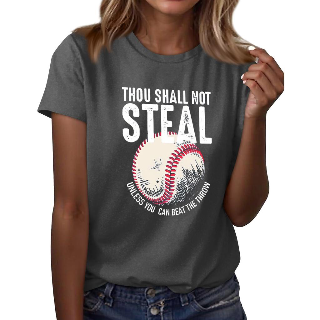 Women's Casual Baseball Print T-shirt Round Neck Pullover Short Sleeve Top