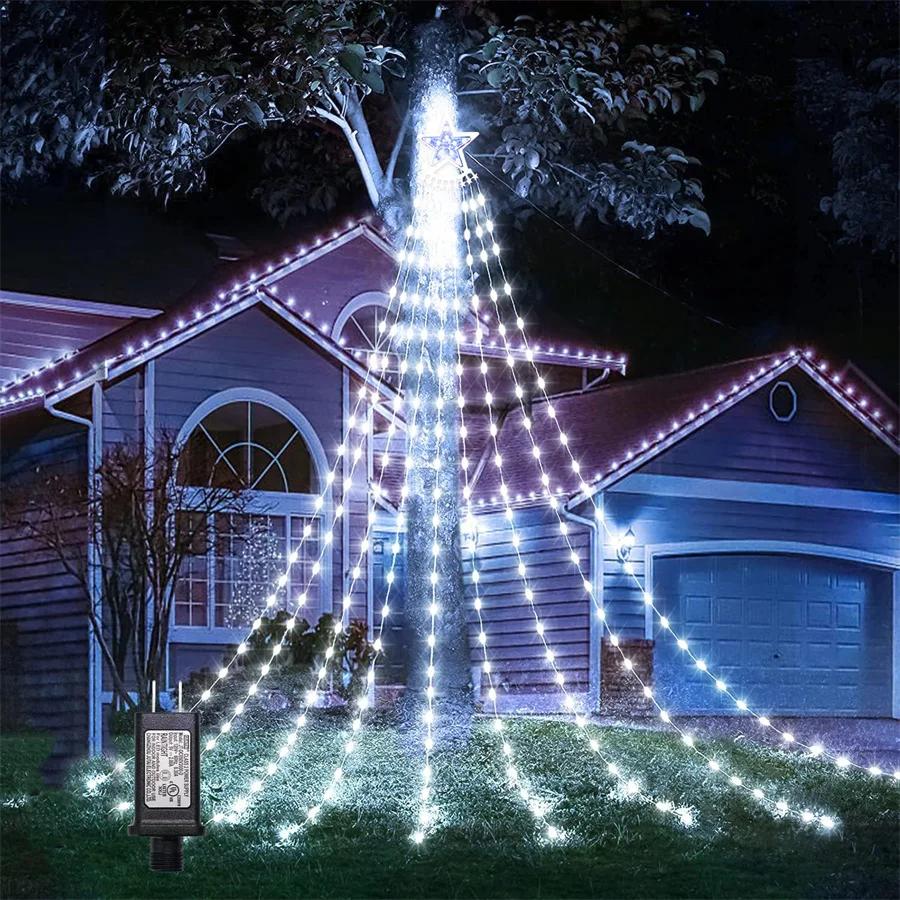 9X3M Outdoor Christmas Star String Light 288LED Lighted Waterfall Tree Hanging Garland Light with Topper Star Fairy Light