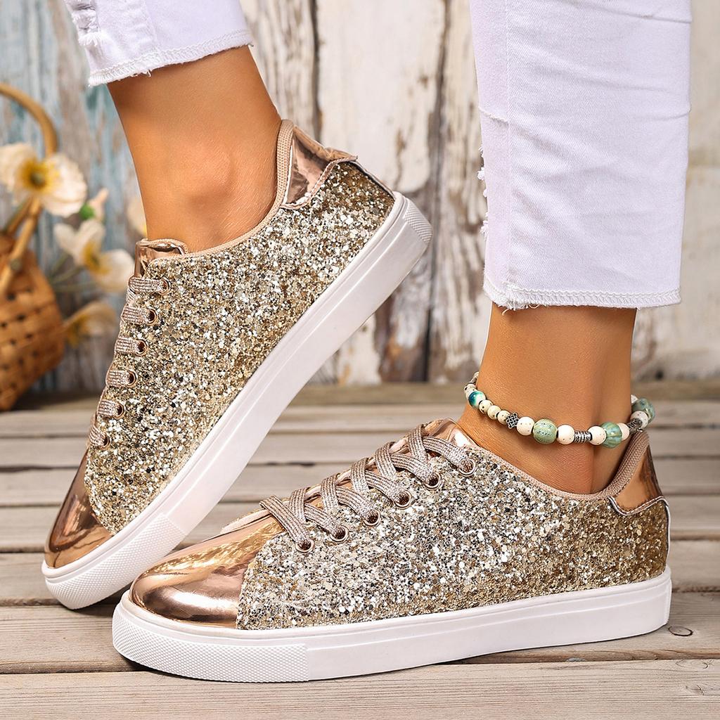 Fashion Luxury Sequin Fabric Lace Up Skateboard Shoes Women 2025 Autumn Fashion Glitter Round Toe Sneakers Non Slip Flat Heel Shoes