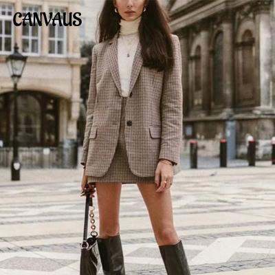 Herbst Damen Britischer Stil Chibi Karo Gebürsteter Anzugjacke
