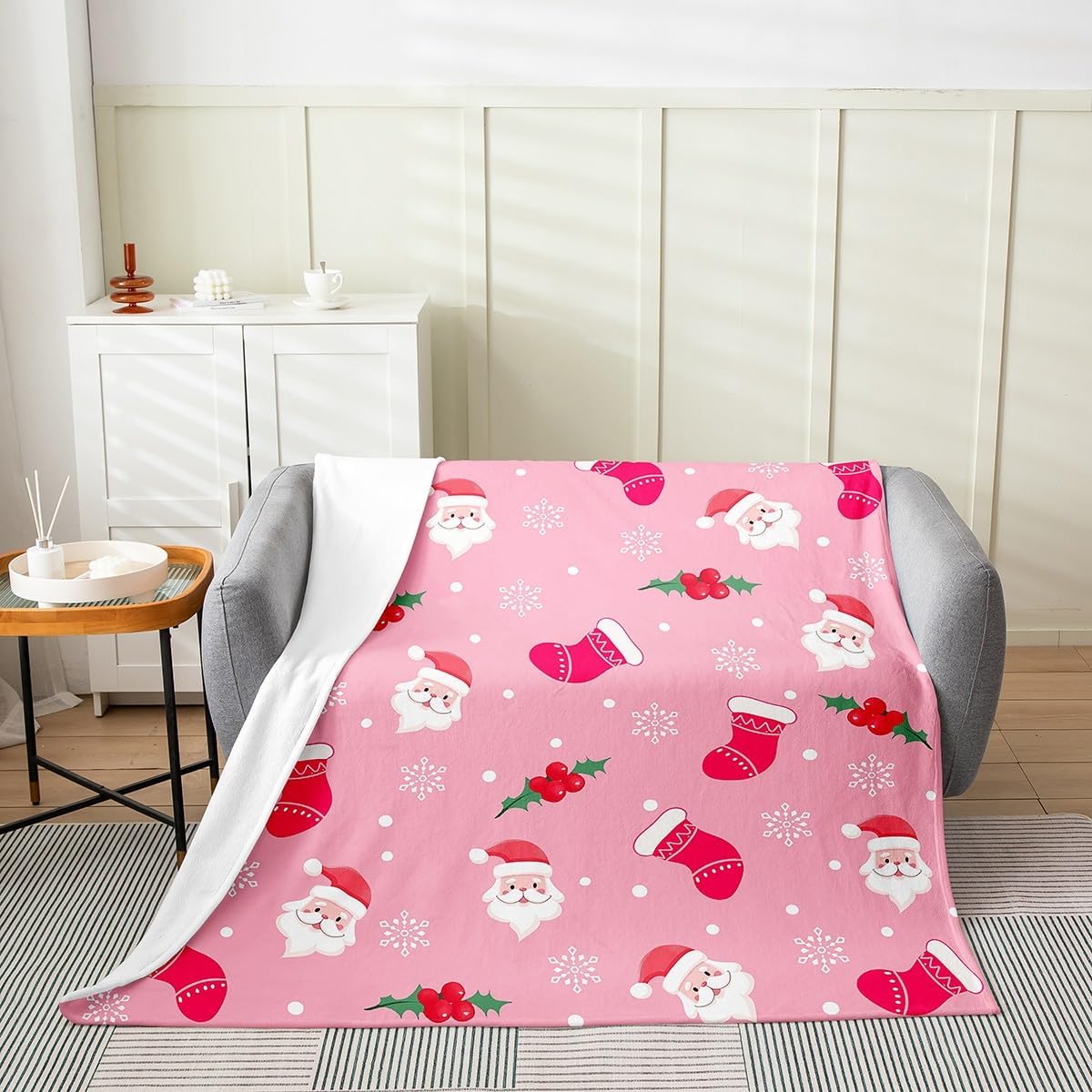 Christmas Plush Throw Blanket Santa Claus Flannel Blanket Baby Snowflake All Season Xmas Decoration for Couch Bed Sofa Bedroom 75X95CM