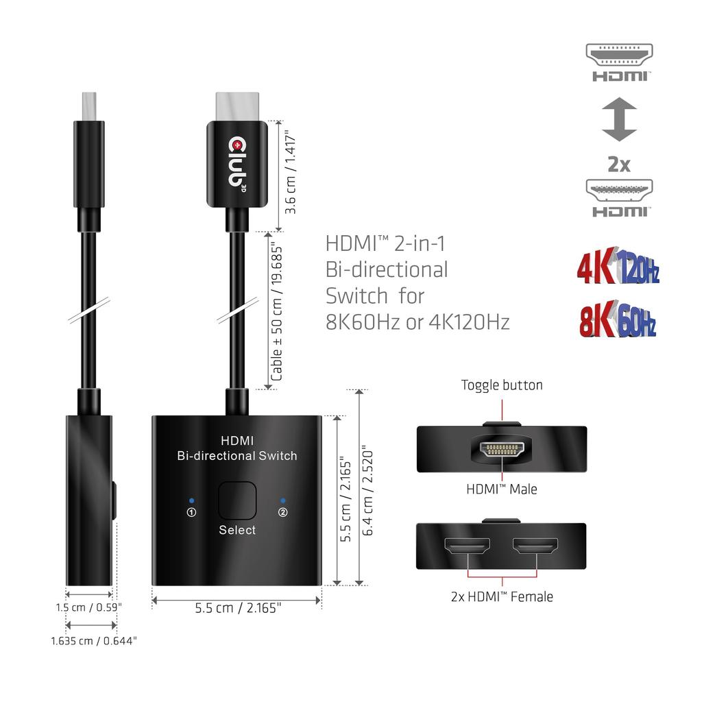 Club3D HDMI Bidirectional Switch 8K60Hz 4K120Hz 2 Input 1 Output / 2-in-1 Selector/Splitter (CSV-1384)