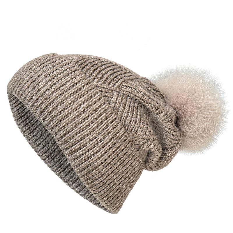 Winter Women Fur Pom Pom Knitted Beanie Hats  Warm Wool Cashmere Beanie Bobble Hat Factory