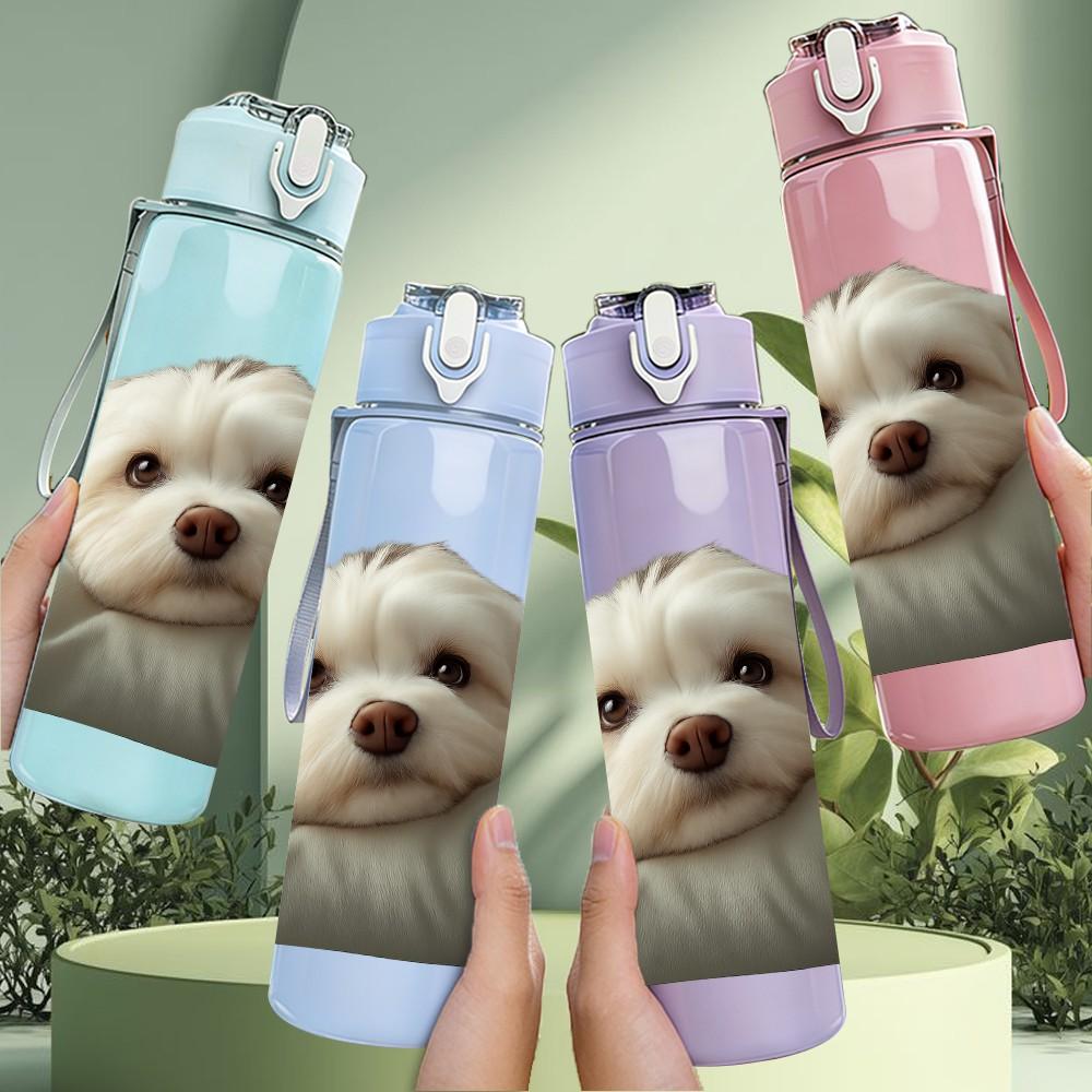 1PC White Puppy Lying On Pillow 750ml Color Plastic Sports Water Bottle Leakproof Flip Straw Lid Suitable for Sports Office Home Use
