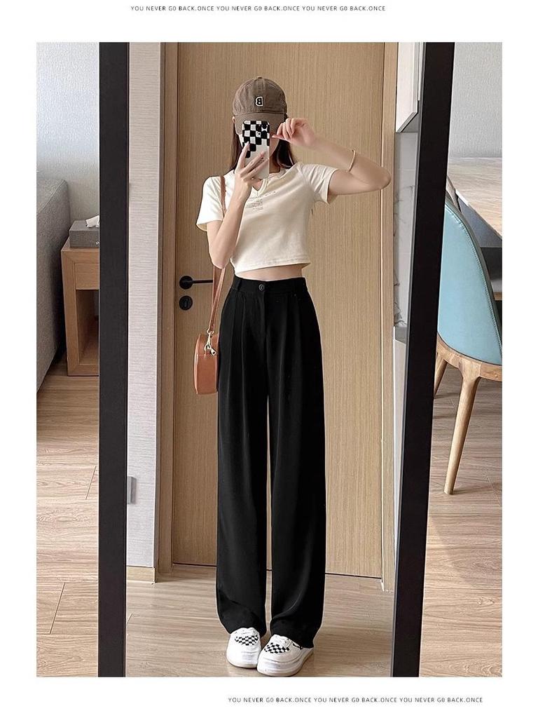 Plus Size Women's Black Drape Wide-Leg Trousers - Summer Casual Fit for Pear-Shaped Bodies