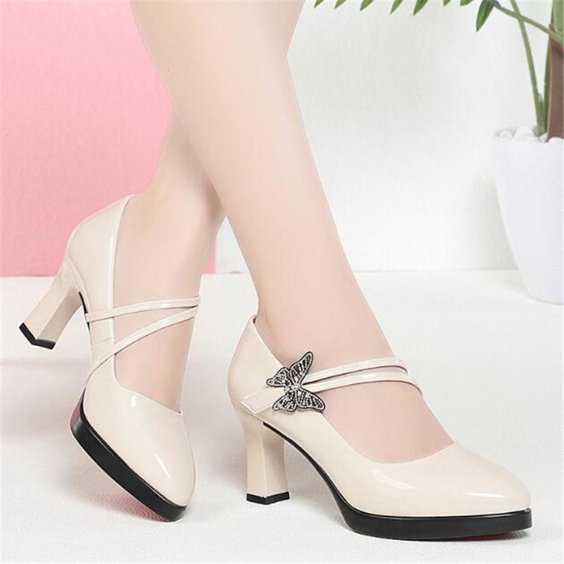 Fashion Brand Shoes Thick Heel Ladies Pumps Patent Leather Pointed Toe Women's Shoes Spring Autumn Fashion Party Office Lady Shoes