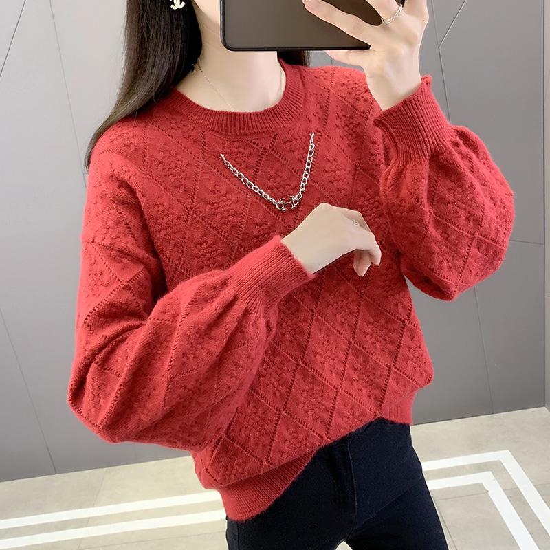 Podzimní svetr Dámský svetr s kulatým výstřihem Nové volné podzimní a zimní úplety Jednobarevný svetr s dlouhým rukávem Dámský top