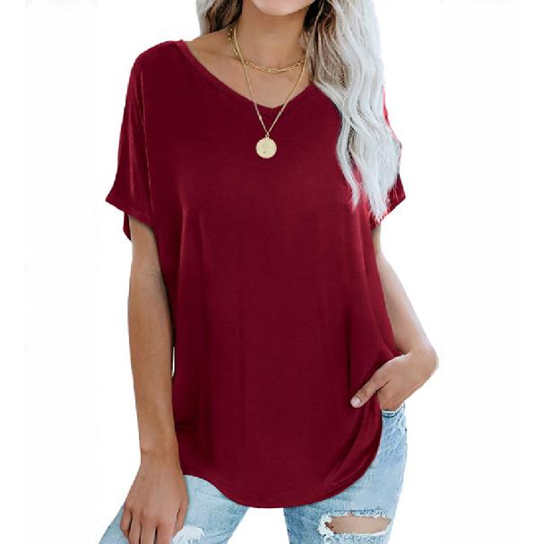 2026 Women's Loose Solid Color V-Neck Casual Summer T-Shirt