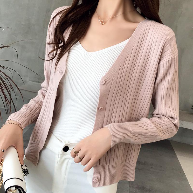 Autumn Winter Loose Short Outer V Neck Long Sleeve Solid Color Single Breasted Knitted Cardigan