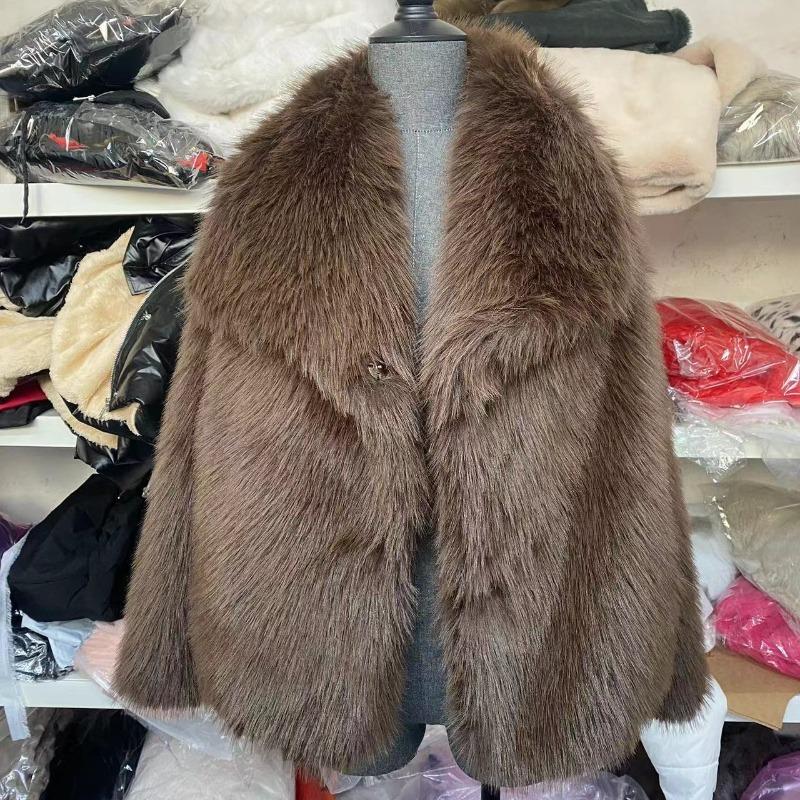 Women's Fall Winter Faux Fox Fur Jacket Fashionable Turn-down Collar Coat Luxurious Cozy Solid Color Overcoat