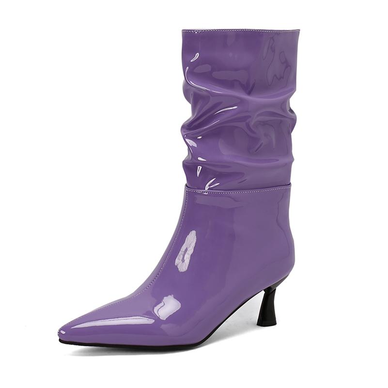 FOREADA Women Patent Leather Mid Calf Boots Pointed Toe Thin High Heels Pleated Ladies Fashion Shoes Autumn Winter Rose Red 46
