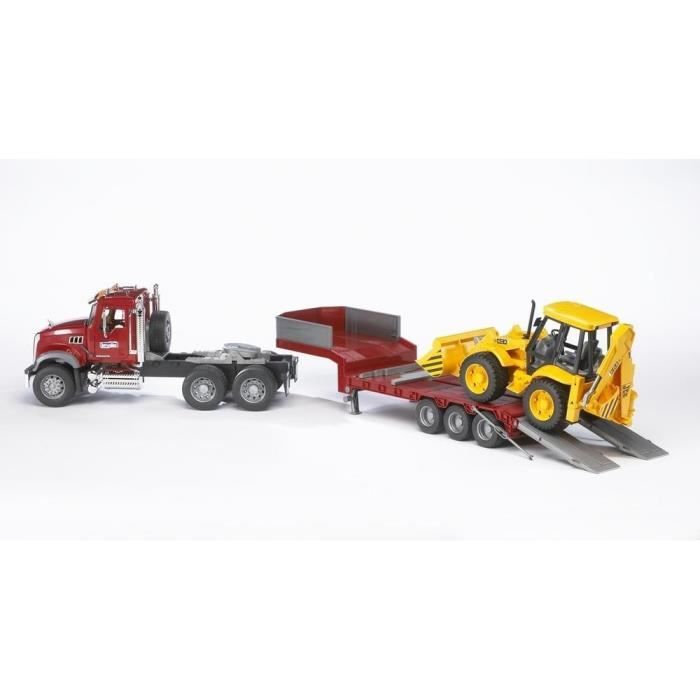 Mack Transport Truck with JCB 4CX Backhoe Loader - Bruder - Scale 1:16e - Red