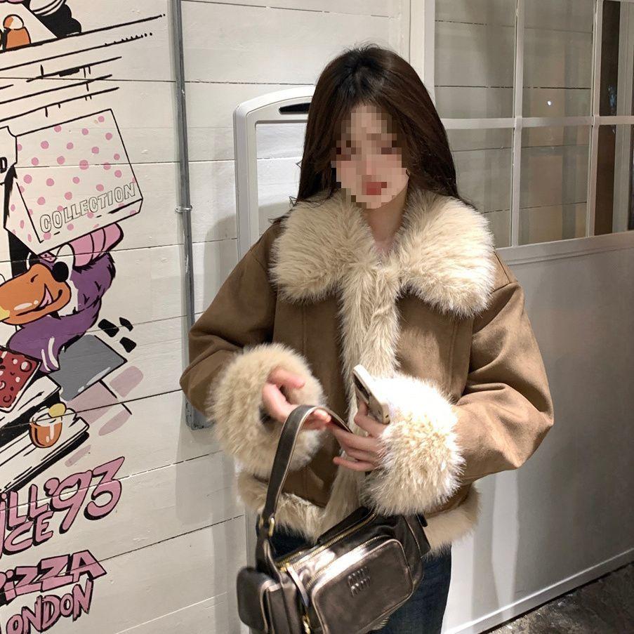 Elegant Plus Size Korean-Style Quilted Patchwork Jacket with Fur Lining M (95-110 lbs)
