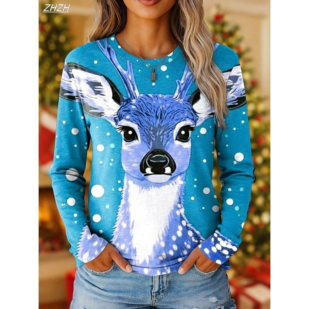 2025 Women's Vintage Reindeer Print Long Sleeve, Christmas Party Crew Neck, Holiday Gift Top, Fall Winter Festive Style