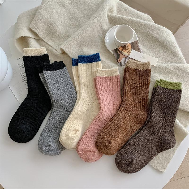 Color-Blocking Double-Needle Merino Wool Socks New Women'S Socks Thickened Warm Mid-Leg Socks Cold-Proof Socks