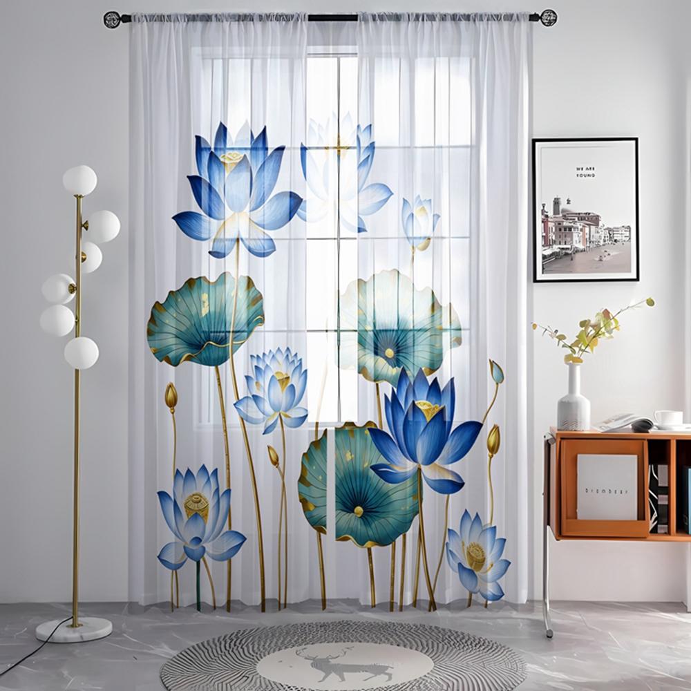 2 Stück HD Digital Blaue Lotusblumen Gedruckte Fensterblende Heimdekorationsstil Dekoration Wohnzimmer Schlafzimmer Stangendurchzug Gardineneffekt