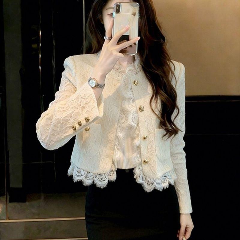 2026 Spring New White Lace Jacket, Elegant and High-End, Very Beautiful, French-Style Waist-Cinching Short Top White Lace Jacket XXL