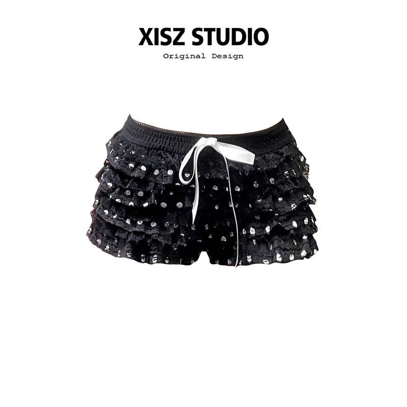 

Hot Girl Sexy Low-Waist Lace Polka Dot Bow Cake Skirt Pants Summer Girly Niche Fashion Slimming Shorts Black [High Quality] L