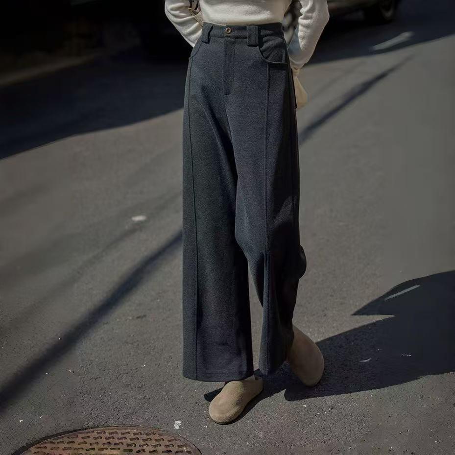 Women's Grey Wool Suit Pants - Autumn Drape, Versatile Wide-Leg, Straight, Solid Color