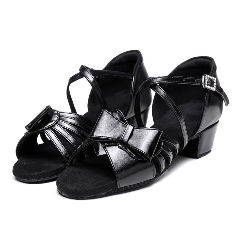 Girls' White Bow Latin Dance Shoes - Soft Sole, Mid-Heel for Cha-Cha and Standard Practices