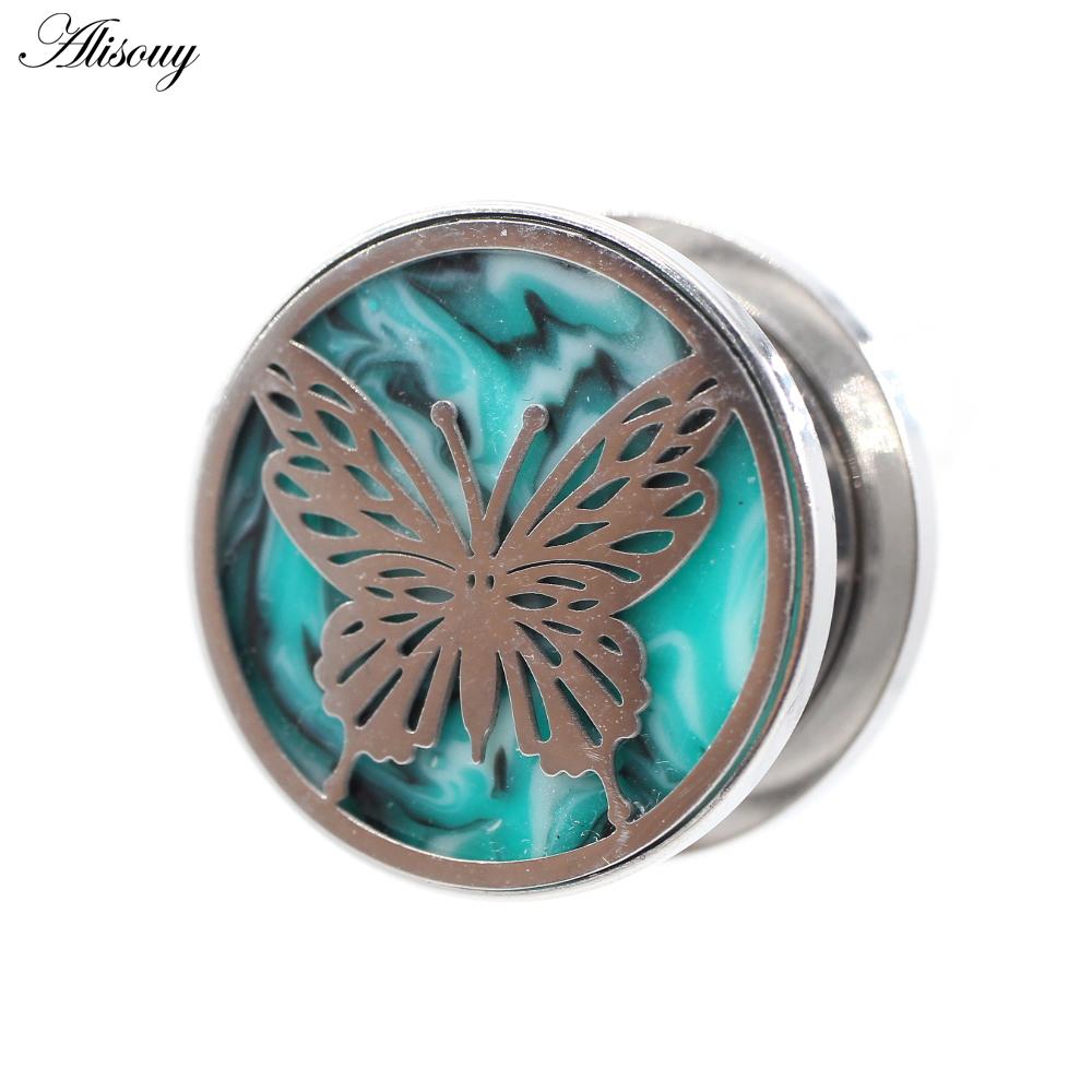 Alisouy 2 SZT. Stal Nierdzewna Motyl Zielony Kamień Tunele do Uszu Plugi Ekspander Rozpychacz Kolczyki Piercing Biżuteria do Ciała