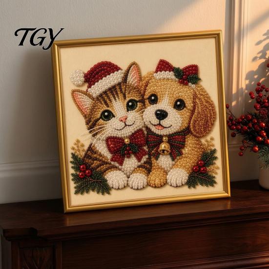 Christmas Themed DIY Projects Faux Pearl Art Kit, Xmas Hat Cat Dog Painting Holiday Home Decor Ornaments 3D Puppy Bead Craft Kit for Adults,