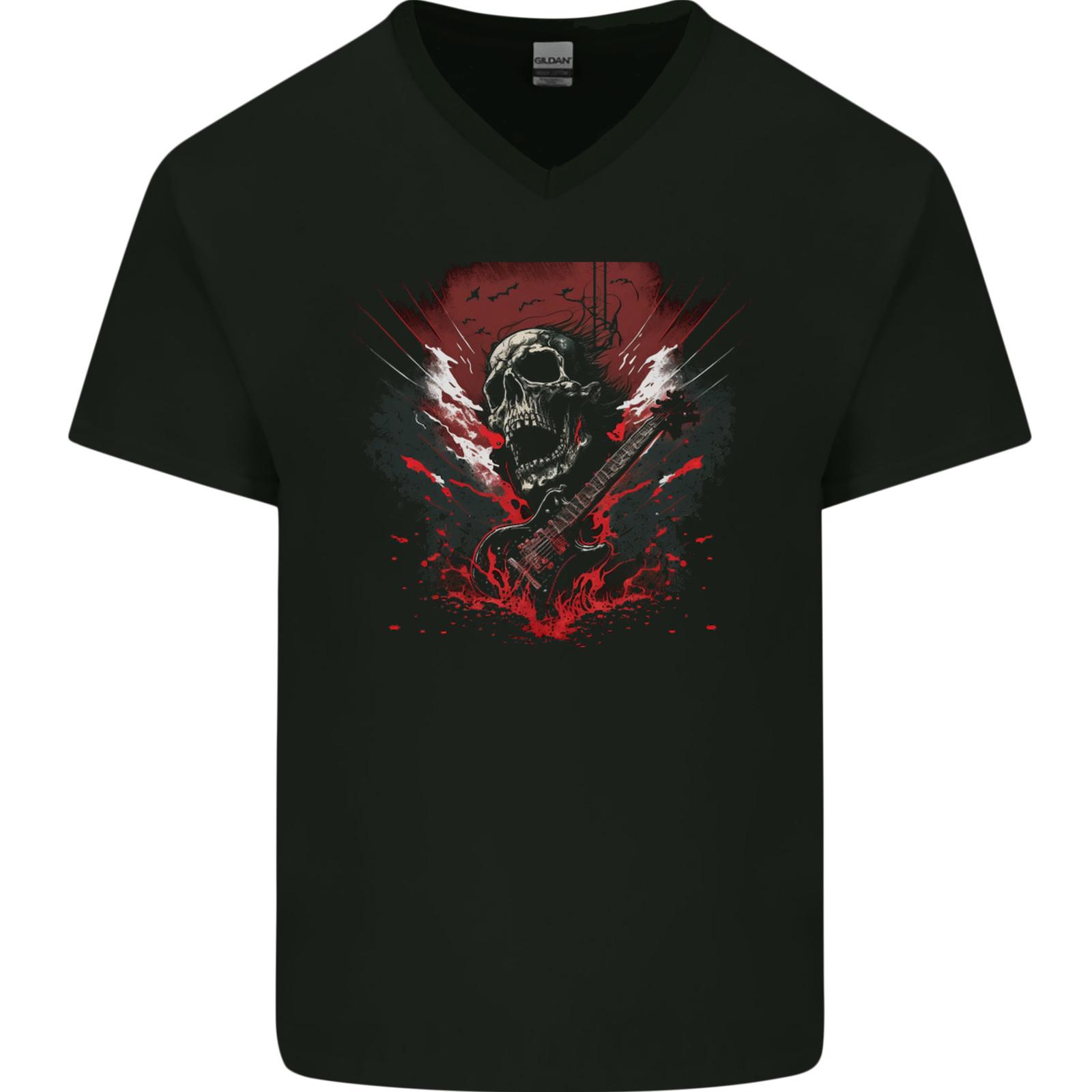 Electric Guitar Skull Heavy Metal Rock Music Mens VNeck Cotton T-shirt XXXXL