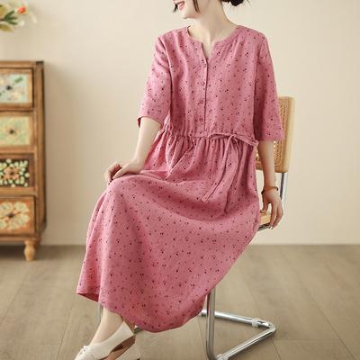 Summer New Cotton and Linen Printing Literary and Fresh Waist and Thin Dress Women's Clothing