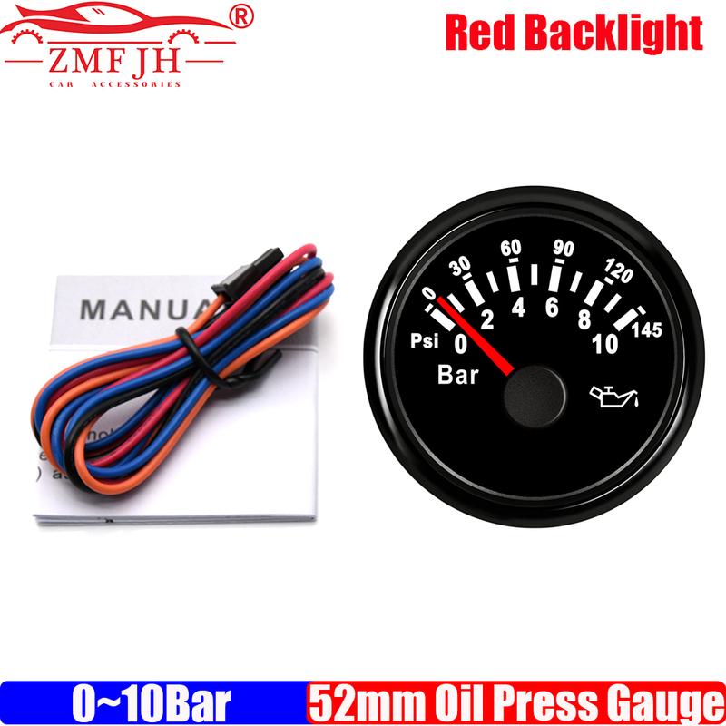 ZMFJH Pointer 2"52MM Oil Pressure Gauge with Red Backlight 0~5Bar,0~10Bar,0-75PSI,0-145PSI Oil Press Meter for Car Boat Yacht