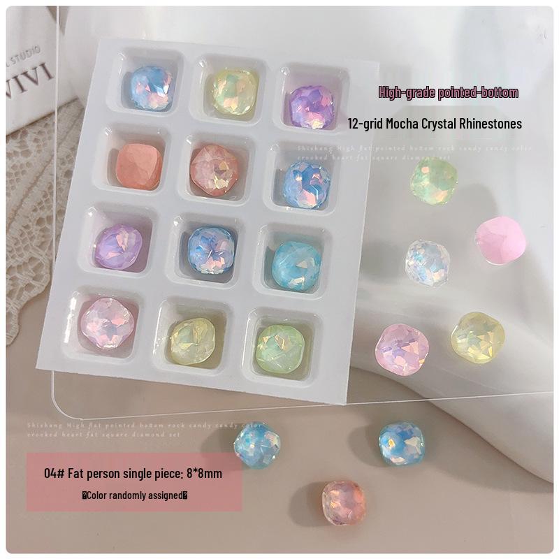 12-Grid Mocha Crystal Rhinestone Nail Art Set: 3D Butterfly, Heart & Square Designs