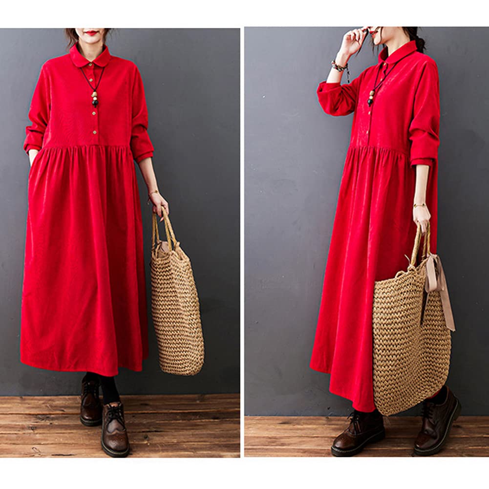 Corduroy Shirt Loose Long Maxi Plus Solid with Pockets 8 [YYQ-SHOP] Women's Dress, Fit, Sleeves, Length, Spring, Autumn, Winter, Sizes, A-Line,