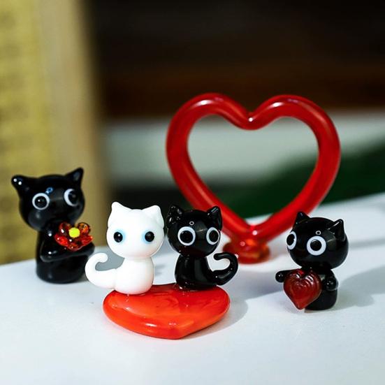 Glass Black Cat Miniature Tiny Colored Glass Cat Ornament Cute Mini Kitty Figurine for Desktop Bookshelf Fairy Garden Micro Landscape Decor