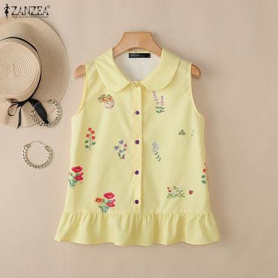 Women Summer Doll Collar Casual Sleeveless Floral Print Tank Tops
