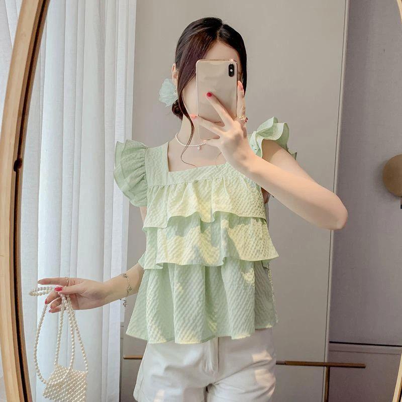 Women Ruffle Sleeve Square Neck Tiered Blouse S зелёный